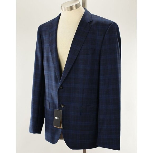 HUGO BOSS Blue Navy Plaid H-HUGE Slim Fit Wool Stretch Suit 44 R NWT - Main Image